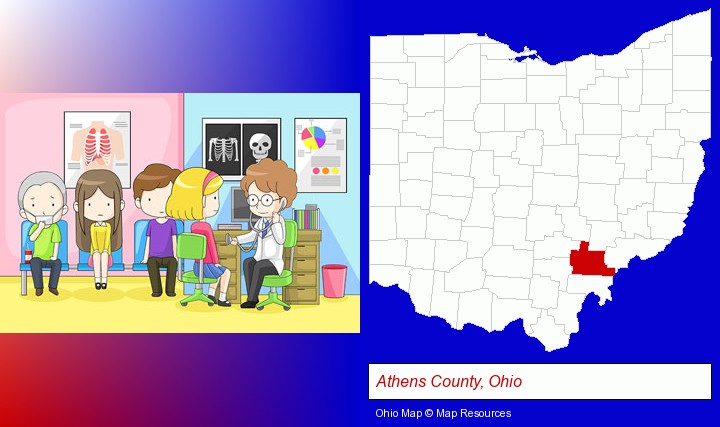 a clinic, showing a doctor and four patients; Athens County, Ohio highlighted in red on a map