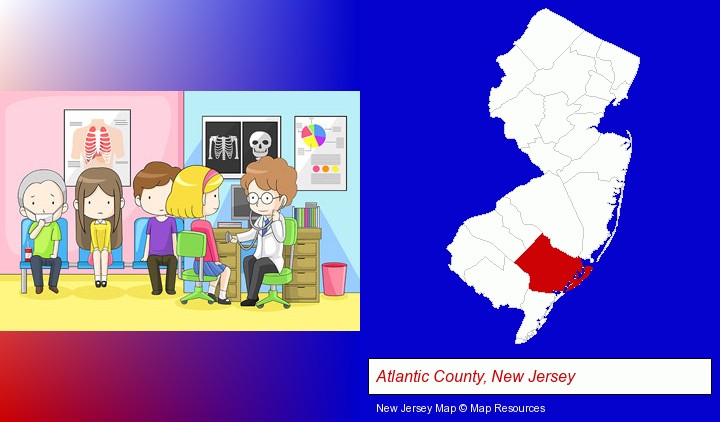 a clinic, showing a doctor and four patients; Atlantic County, New Jersey highlighted in red on a map