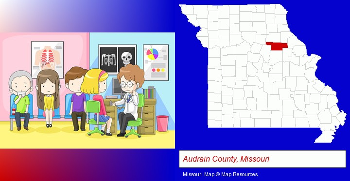 a clinic, showing a doctor and four patients; Audrain County, Missouri highlighted in red on a map