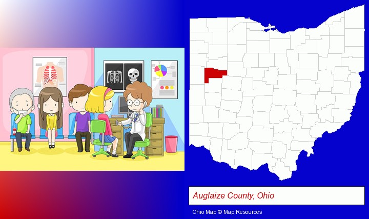 a clinic, showing a doctor and four patients; Auglaize County, Ohio highlighted in red on a map