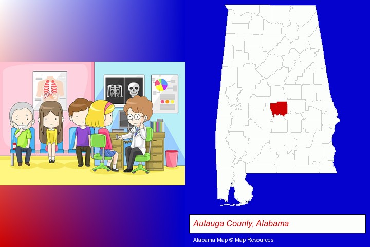 a clinic, showing a doctor and four patients; Autauga County, Alabama highlighted in red on a map