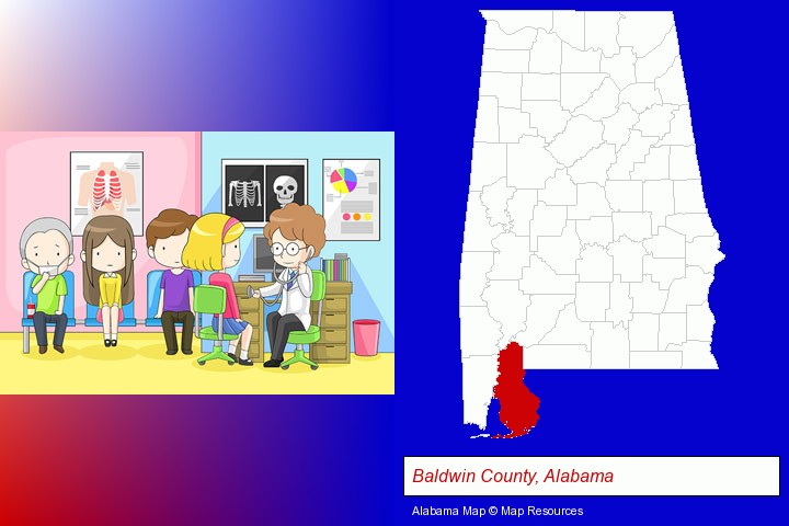 a clinic, showing a doctor and four patients; Baldwin County, Alabama highlighted in red on a map
