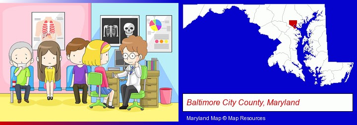 a clinic, showing a doctor and four patients; Baltimore City County, Maryland highlighted in red on a map