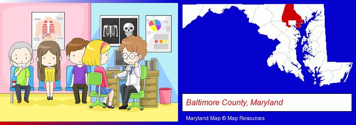 a clinic, showing a doctor and four patients; Baltimore County, Maryland highlighted in red on a map