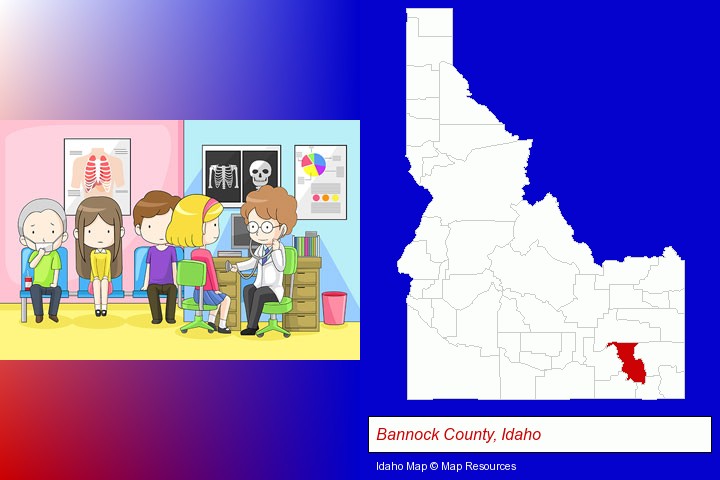 a clinic, showing a doctor and four patients; Bannock County, Idaho highlighted in red on a map