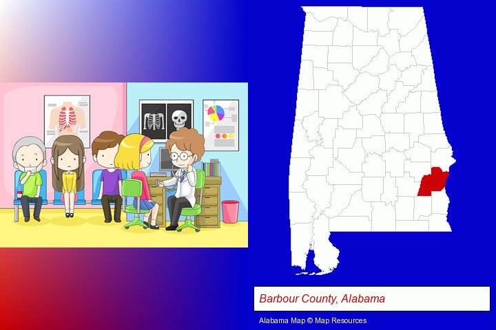 a clinic, showing a doctor and four patients; Barbour County, Alabama highlighted in red on a map