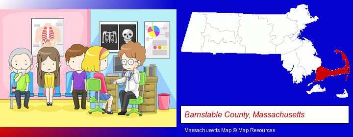 a clinic, showing a doctor and four patients; Barnstable County, Massachusetts highlighted in red on a map