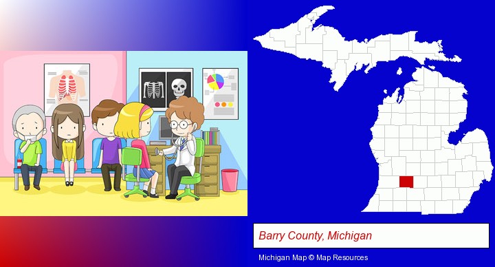 a clinic, showing a doctor and four patients; Barry County, Michigan highlighted in red on a map