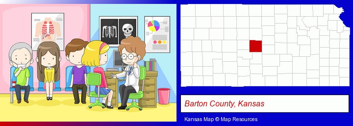 a clinic, showing a doctor and four patients; Barton County, Kansas highlighted in red on a map