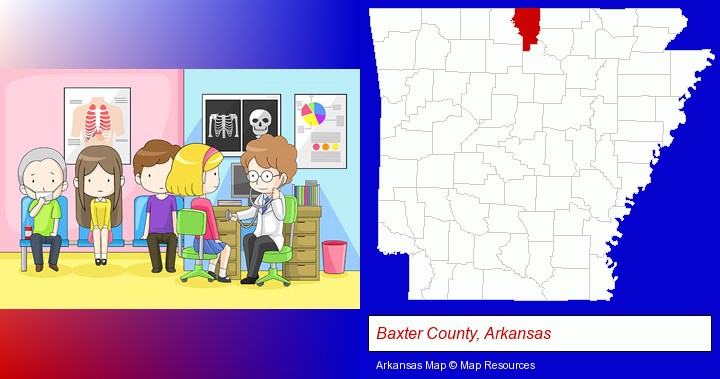 a clinic, showing a doctor and four patients; Baxter County, Arkansas highlighted in red on a map