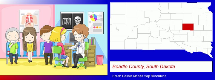a clinic, showing a doctor and four patients; Beadle County, South Dakota highlighted in red on a map