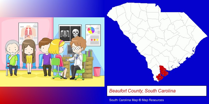 a clinic, showing a doctor and four patients; Beaufort County, South Carolina highlighted in red on a map