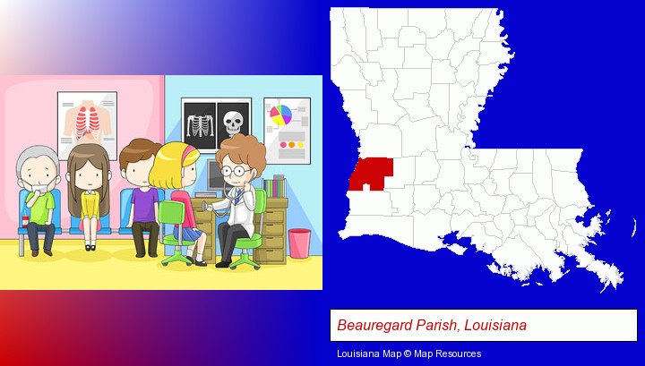 a clinic, showing a doctor and four patients; Beauregard Parish, Louisiana highlighted in red on a map