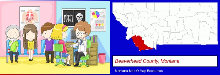 a clinic, showing a doctor and four patients; Beaverhead County, Montana highlighted in red on a map