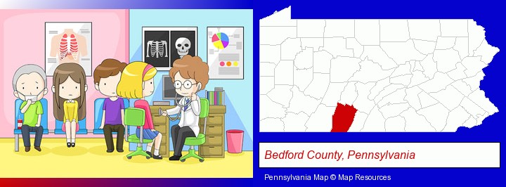 a clinic, showing a doctor and four patients; Bedford County, Pennsylvania highlighted in red on a map