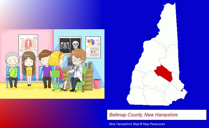 a clinic, showing a doctor and four patients; Belknap County, New Hampshire highlighted in red on a map