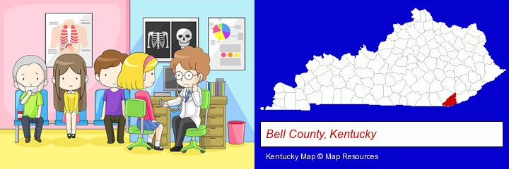 a clinic, showing a doctor and four patients; Bell County, Kentucky highlighted in red on a map