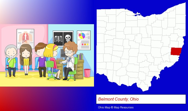 a clinic, showing a doctor and four patients; Belmont County, Ohio highlighted in red on a map
