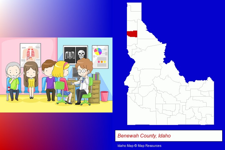 a clinic, showing a doctor and four patients; Benewah County, Idaho highlighted in red on a map
