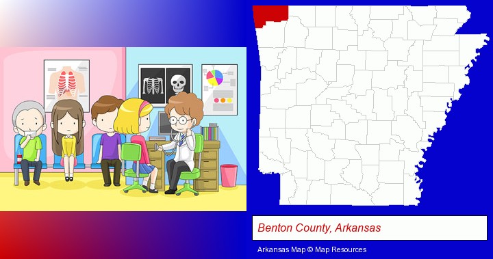 a clinic, showing a doctor and four patients; Benton County, Arkansas highlighted in red on a map