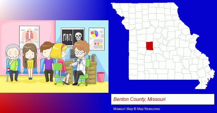 a clinic, showing a doctor and four patients; Benton County, Missouri highlighted in red on a map