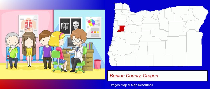 a clinic, showing a doctor and four patients; Benton County, Oregon highlighted in red on a map