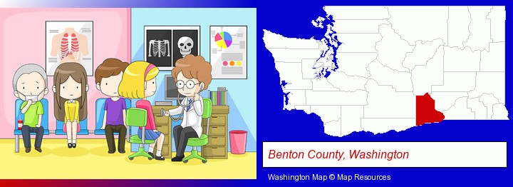 a clinic, showing a doctor and four patients; Benton County, Washington highlighted in red on a map