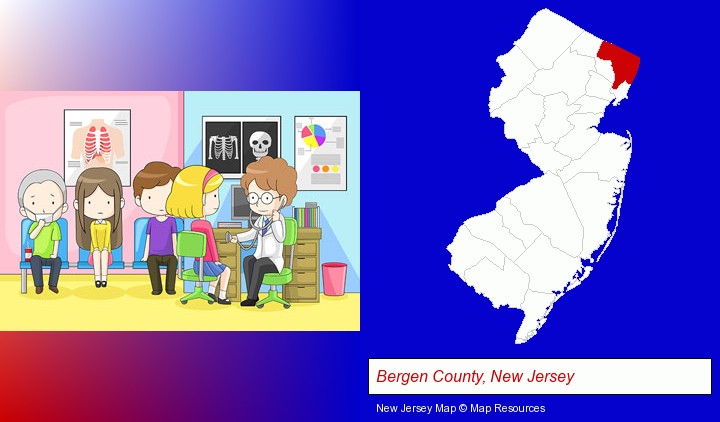 a clinic, showing a doctor and four patients; Bergen County, New Jersey highlighted in red on a map