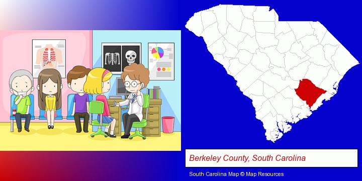 a clinic, showing a doctor and four patients; Berkeley County, South Carolina highlighted in red on a map