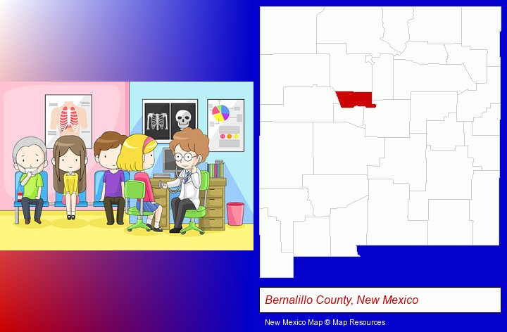 a clinic, showing a doctor and four patients; Bernalillo County, New Mexico highlighted in red on a map