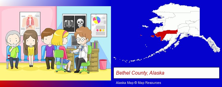 a clinic, showing a doctor and four patients; Bethel County, Alaska highlighted in red on a map