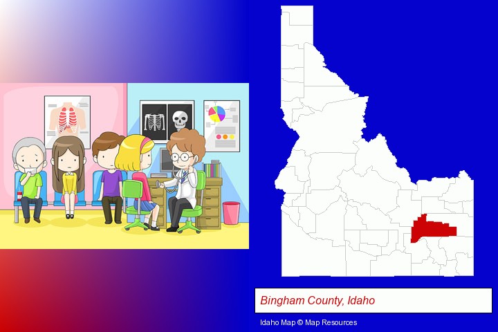 a clinic, showing a doctor and four patients; Bingham County, Idaho highlighted in red on a map