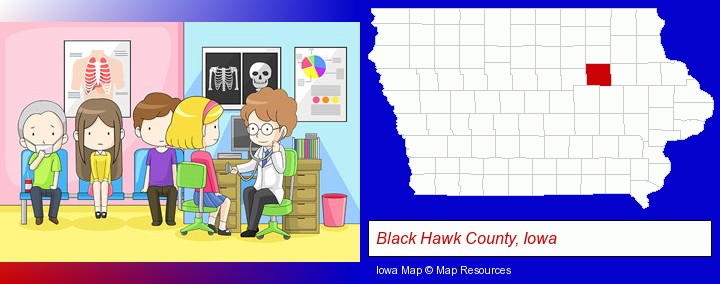 a clinic, showing a doctor and four patients; Black Hawk County, Iowa highlighted in red on a map