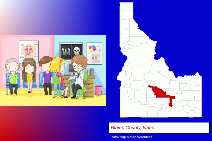 a clinic, showing a doctor and four patients; Blaine County, Idaho highlighted in red on a map