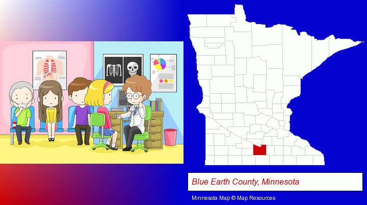 a clinic, showing a doctor and four patients; Blue Earth County, Minnesota highlighted in red on a map