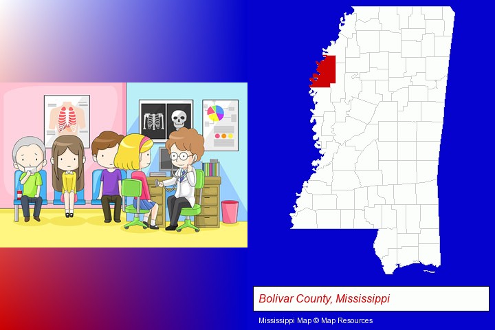 a clinic, showing a doctor and four patients; Bolivar County, Mississippi highlighted in red on a map