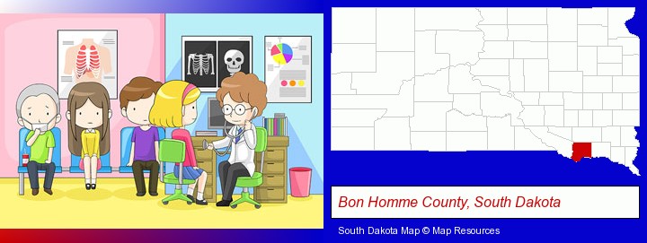 a clinic, showing a doctor and four patients; Bon Homme County, South Dakota highlighted in red on a map