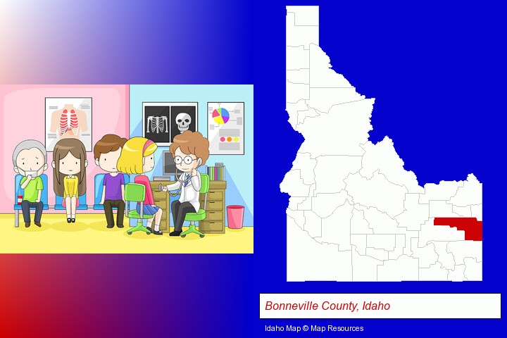 a clinic, showing a doctor and four patients; Bonneville County, Idaho highlighted in red on a map