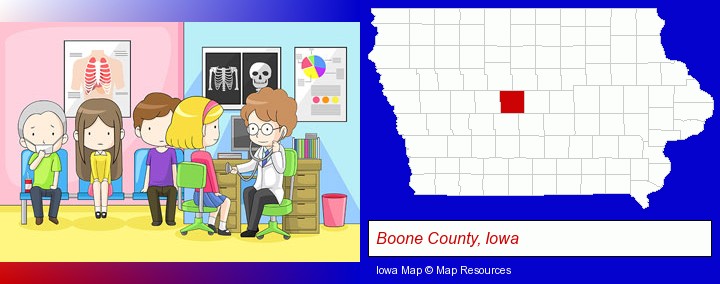 a clinic, showing a doctor and four patients; Boone County, Iowa highlighted in red on a map