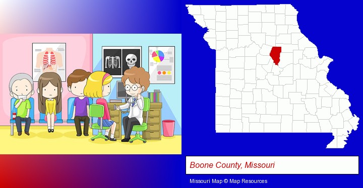a clinic, showing a doctor and four patients; Boone County, Missouri highlighted in red on a map