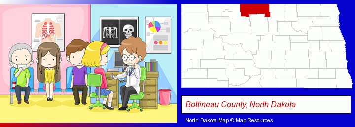 a clinic, showing a doctor and four patients; Bottineau County, North Dakota highlighted in red on a map