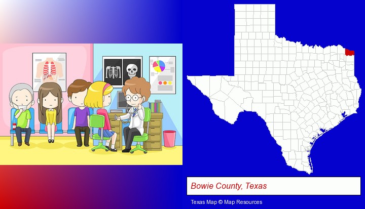 a clinic, showing a doctor and four patients; Bowie County, Texas highlighted in red on a map