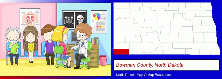 a clinic, showing a doctor and four patients; Bowman County, North Dakota highlighted in red on a map