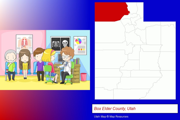 a clinic, showing a doctor and four patients; Box Elder County, Utah highlighted in red on a map