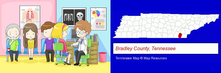 a clinic, showing a doctor and four patients; Bradley County, Tennessee highlighted in red on a map