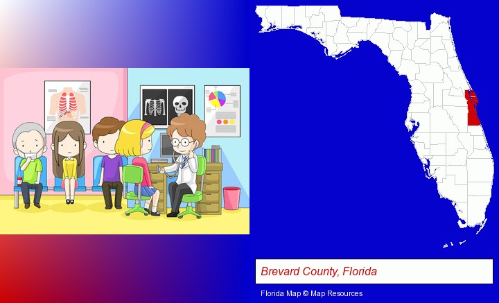 a clinic, showing a doctor and four patients; Brevard County, Florida highlighted in red on a map