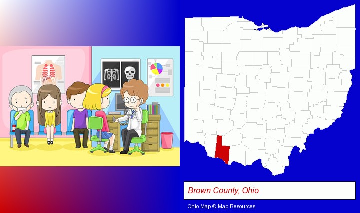 a clinic, showing a doctor and four patients; Brown County, Ohio highlighted in red on a map