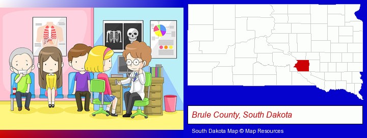 a clinic, showing a doctor and four patients; Brule County, South Dakota highlighted in red on a map