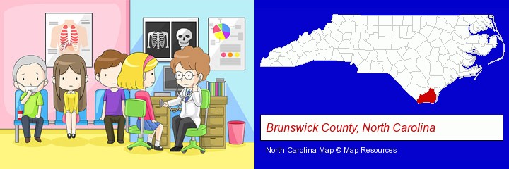 a clinic, showing a doctor and four patients; Brunswick County, North Carolina highlighted in red on a map