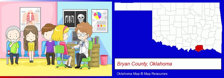 a clinic, showing a doctor and four patients; Bryan County, Oklahoma highlighted in red on a map